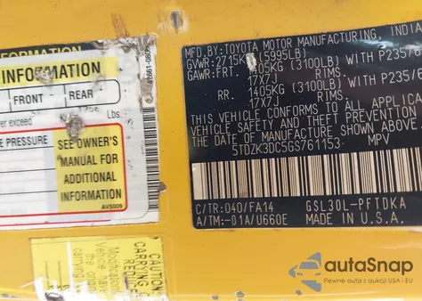 2016 Toyota Sienna L 7 Passenger z USA, uszkodzony, nr VIN 5TDZK3DC5GS761153